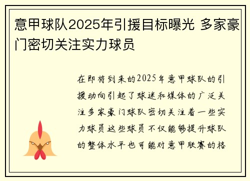意甲球队2025年引援目标曝光 多家豪门密切关注实力球员