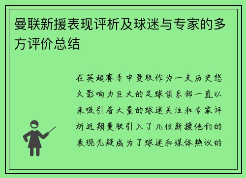 曼联新援表现评析及球迷与专家的多方评价总结