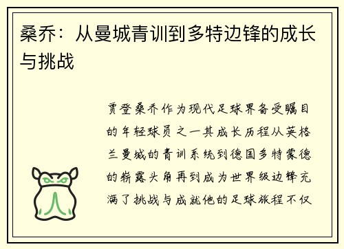 桑乔：从曼城青训到多特边锋的成长与挑战